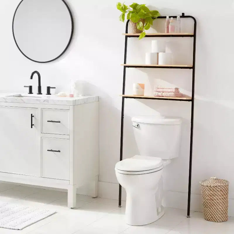 Organizzatore da Bagno Sopra il WC in Metallo Nero e Legno - Brightroom™: Organizzatore Salvaspazio con 3 Ripiani Fissi