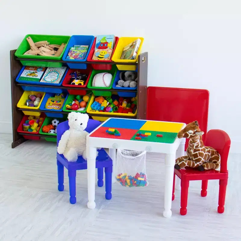 Scopri il Maxi Contenitore per Giocattoli per Bambini in Legno Scuro - Humble Crew: Ripiani in MDF, Antiribaltamento, 17 Pezzi