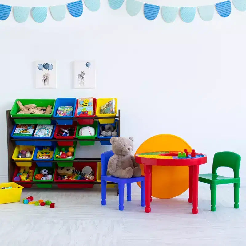 Scopri il Maxi Contenitore per Giocattoli per Bambini in Legno Scuro - Humble Crew: Ripiani in MDF, Antiribaltamento, 17 Pezzi