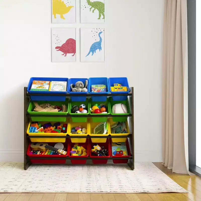 Scopri il Maxi Contenitore per Giocattoli per Bambini in Legno Scuro - Humble Crew: Ripiani in MDF, Antiribaltamento, 17 Pezzi