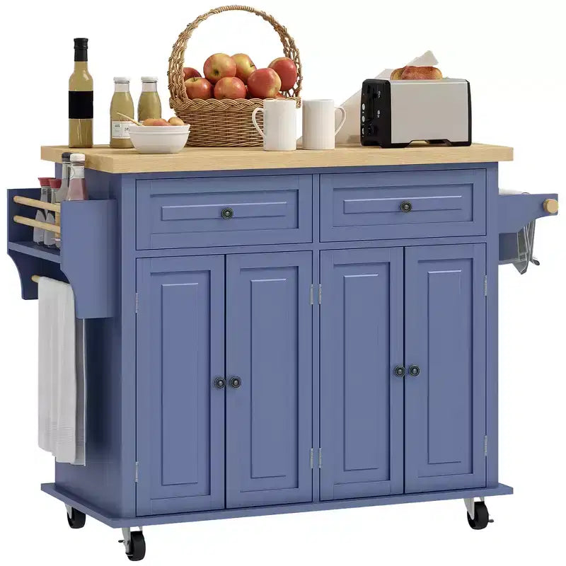HOMCOM Isola Carrello da Cucina con Ruote, Carrello da Servizio Pieghevole in Legno di Gomma con Portaspezie, Portasciugamani e Cassetti per Sala da Pranzo