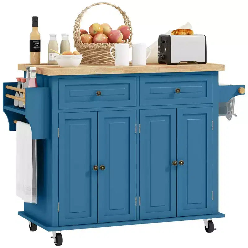 HOMCOM Isola Carrello da Cucina con Ruote, Carrello da Servizio Pieghevole in Legno di Gomma con Portaspezie, Portasciugamani e Cassetti per Sala da Pranzo