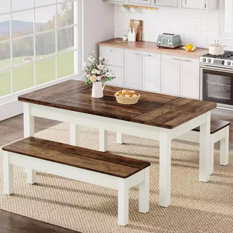 Set da Tavolo da Pranzo Grande Lantine da 55,11 Pollici, 3 Pezzi Tavolo da Cucina in Legno con 2 Panche
