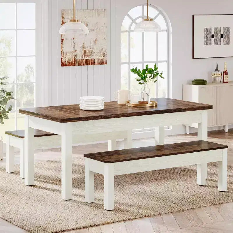 Set da Tavolo da Pranzo Grande Lantine da 55,11 Pollici, 3 Pezzi Tavolo da Cucina in Legno con 2 Panche
