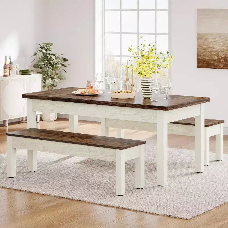 Set da Tavolo da Pranzo Grande Lantine da 55,11 Pollici, 3 Pezzi Tavolo da Cucina in Legno con 2 Panche
