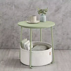 Tavolino Piccolo con Contenitore, Tavolini Rotondi da Salotto, Tavolini da Affiancare per Piccoli Spazi, Camera da Letto, Verde Alloro e Bianco Crema