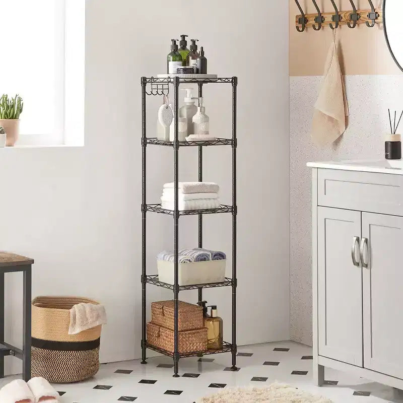 SONGMICS Scaffale a 5 Ripiani per Bagno, Scaffale per Piccoli Spazi, con 5 Fodere in PP, Gancio Rimovibile, Design Estendibile