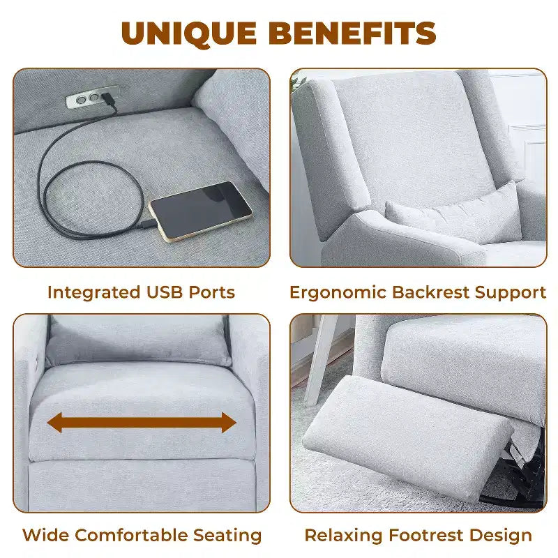 Poltrona reclinabile di lusso con movimento elettrico, ricarica USB, girevole e supporto lombare per il comfort della cameretta