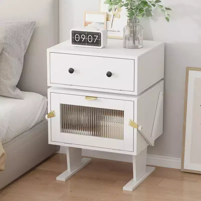 Famapy Comodino Girevole a 360 Gradi con Cassetto e Mobiletto in Vetro Trasparente