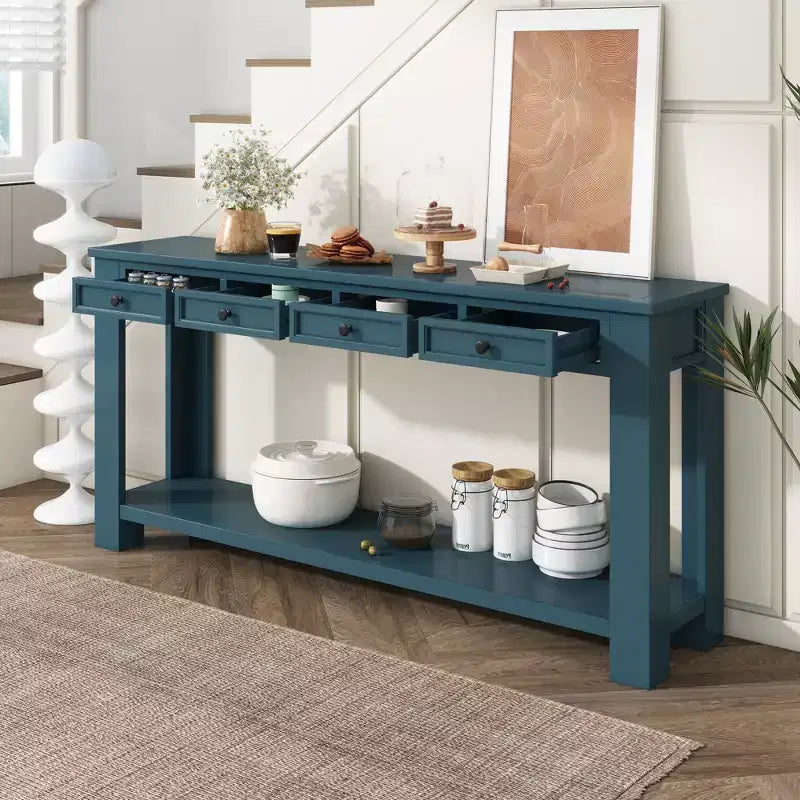 Consolle rettangolare rustica in legno Whisen con 4 cassetti e ripiano inferiore