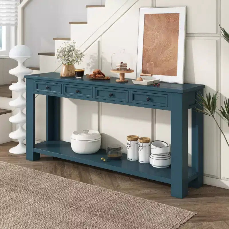 Consolle rettangolare rustica in legno Whisen con 4 cassetti e ripiano inferiore