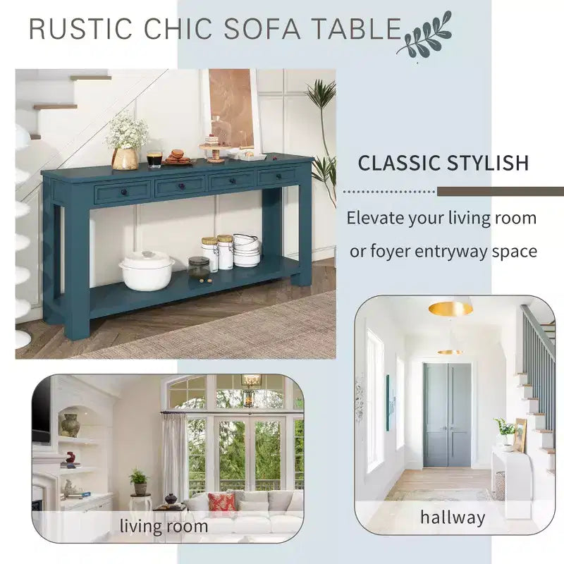 Consolle rettangolare rustica in legno Whisen con 4 cassetti e ripiano inferiore
