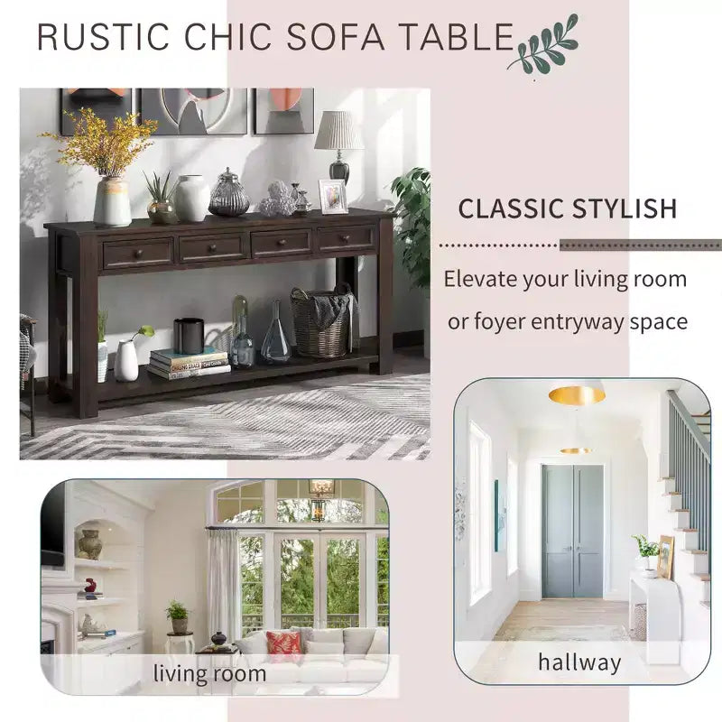Consolle rettangolare rustica in legno Whisen con 4 cassetti e ripiano inferiore