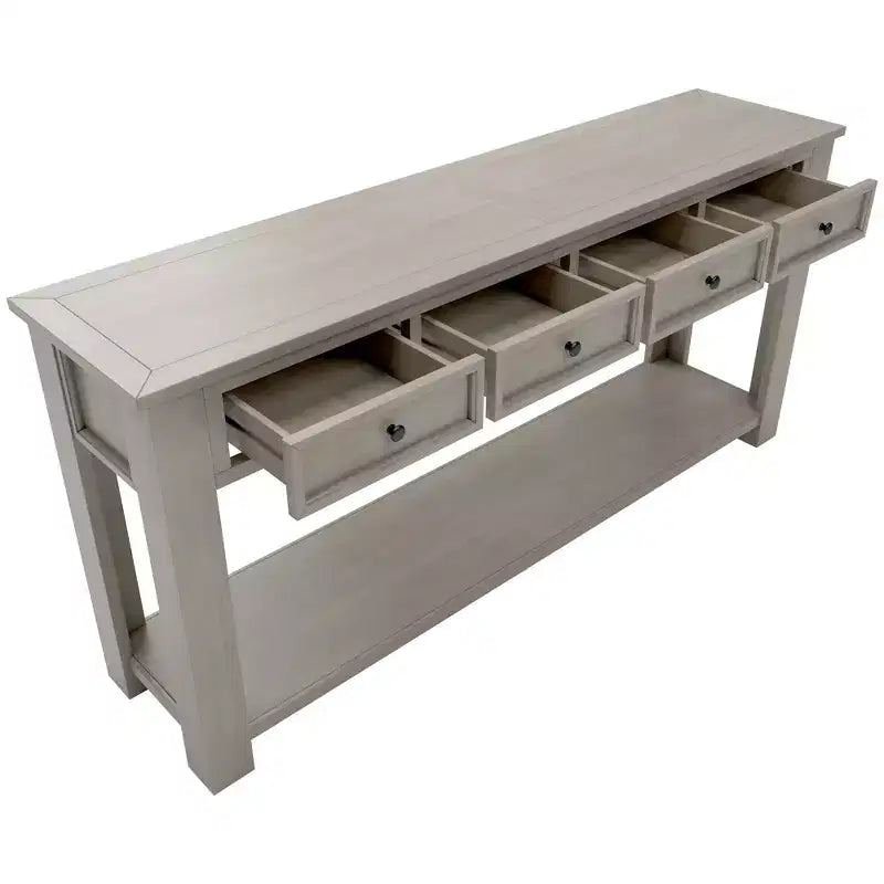 Consolle rettangolare rustica in legno Whisen con 4 cassetti e ripiano inferiore