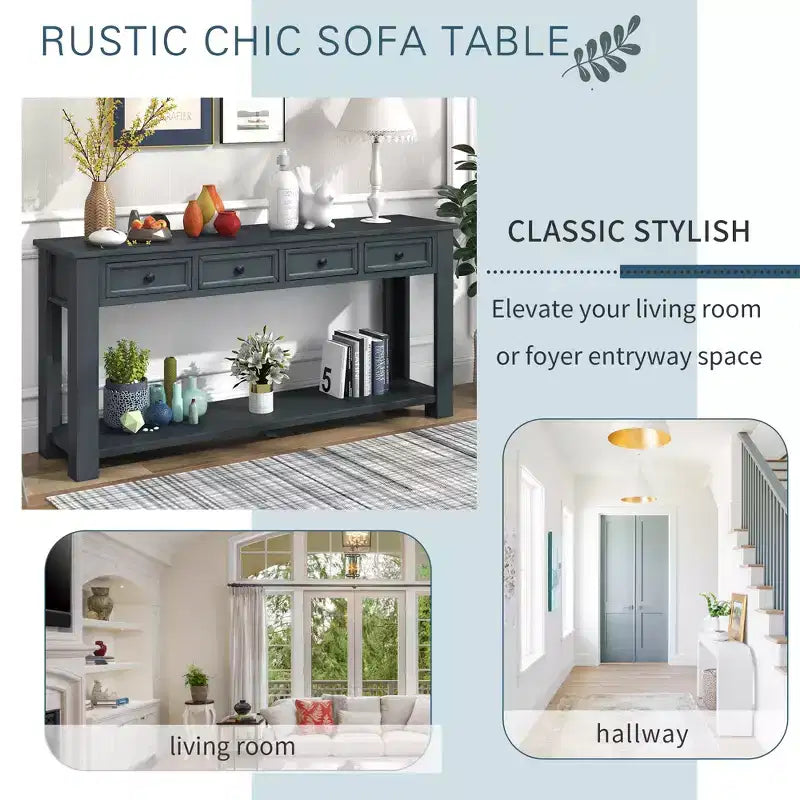 Consolle rettangolare rustica in legno Whisen con 4 cassetti e ripiano inferiore