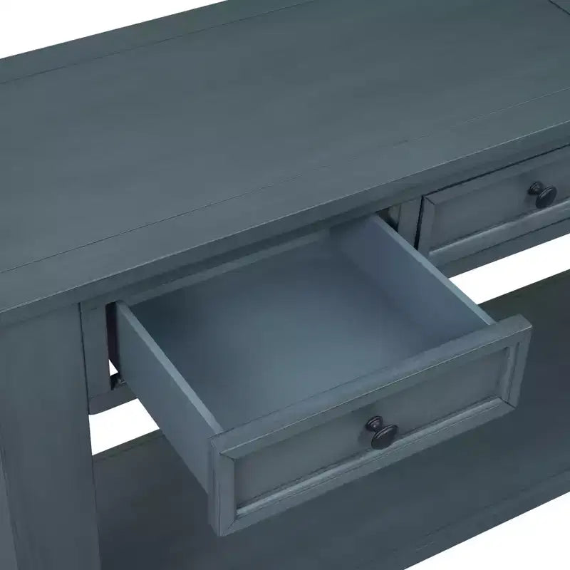 Consolle rettangolare rustica in legno Whisen con 4 cassetti e ripiano inferiore