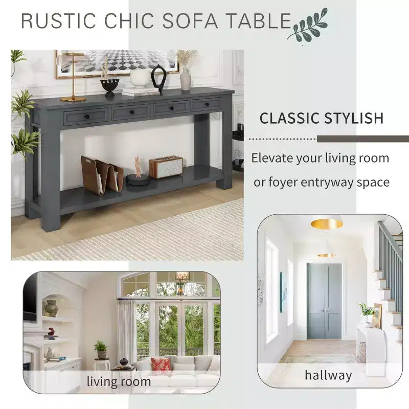 Consolle rettangolare rustica in legno Whisen con 4 cassetti e ripiano inferiore