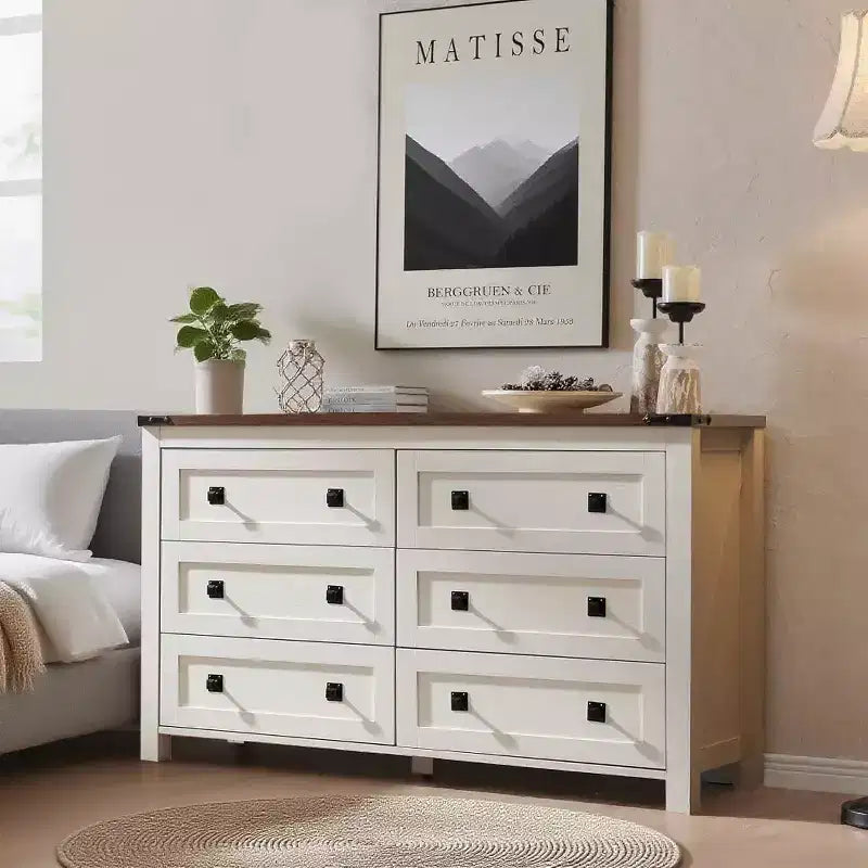 Farmhouse 6 Drawers Dresser, 54 Wide Wood Rustic Wide Chest of Drawers, Storage Dressers Organizer for Bedroom, Living Room, Hallway, White