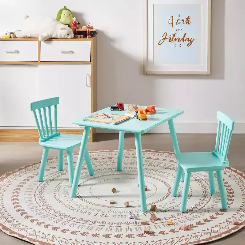 Set Tavolo e Sedie per Bambini VECELO, Tavolo Quadrato Design Windsor con 2 Sedie, Adatto per Gioco e Attività per Bambini, Verde
