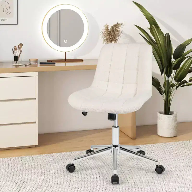 Sedia da Ufficio Costway Senza Braccioli Imbottita, con Altezza Regolabile e Ruote per Piccoli Spazi Grigio/Bianco