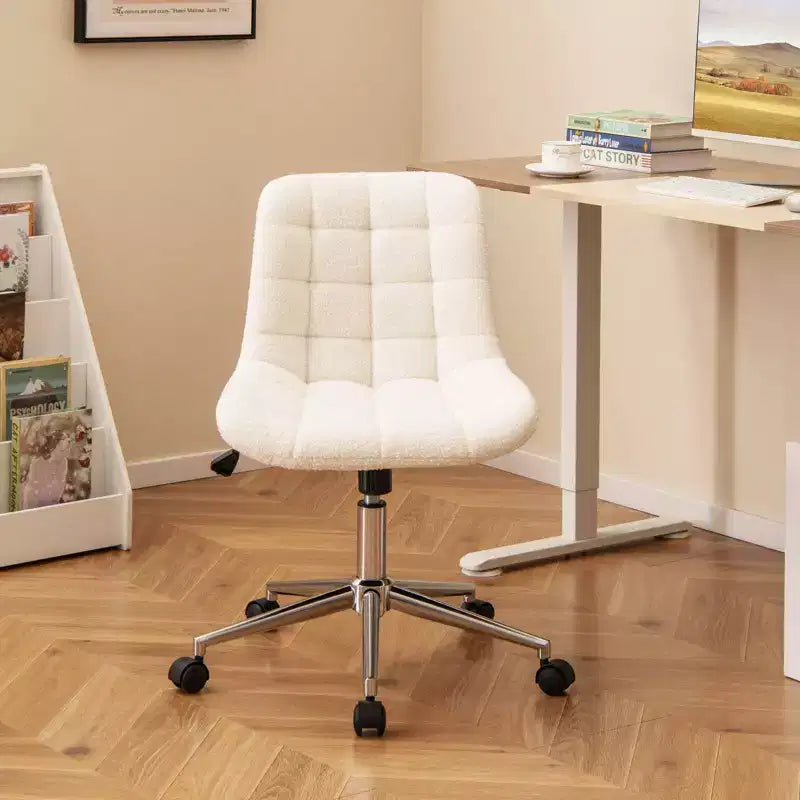 Sedia da Ufficio Costway Senza Braccioli Imbottita, con Altezza Regolabile e Ruote per Piccoli Spazi Grigio/Bianco