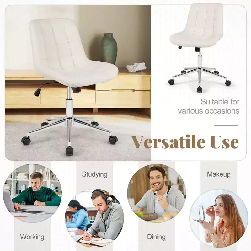 Sedia da Ufficio Costway Senza Braccioli Imbottita, con Altezza Regolabile e Ruote per Piccoli Spazi Grigio/Bianco