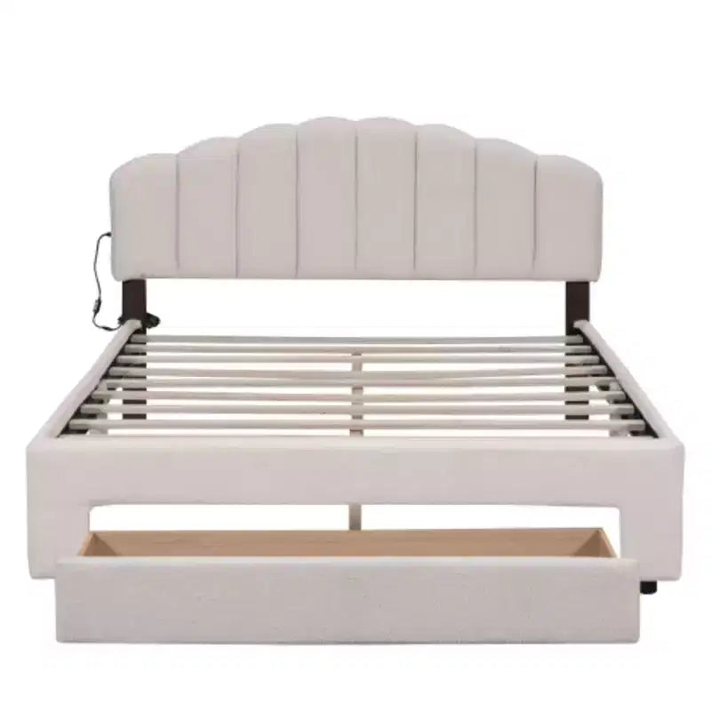 Beige Teddy Fleece Queen Size Upholstered Platform Bed Including a Drawer