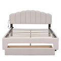 Beige Teddy Fleece Queen Size Upholstered Platform Bed Including a Drawer