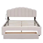 Beige Teddy Fleece Queen Size Upholstered Platform Bed Including a Drawer