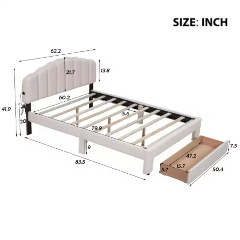 Letto matrimoniale imbottito in pile Teddy Beige con cassetto