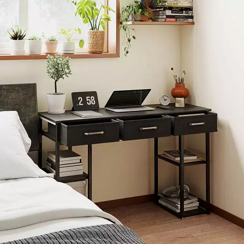 HOMCOM Scrivania Piccola 47, Scrivania per Computer con Cassetti in Tessuto, Scrivania da Ufficio con Scaffali Regolabili, Tavolo per Computer per Piccoli Spazi