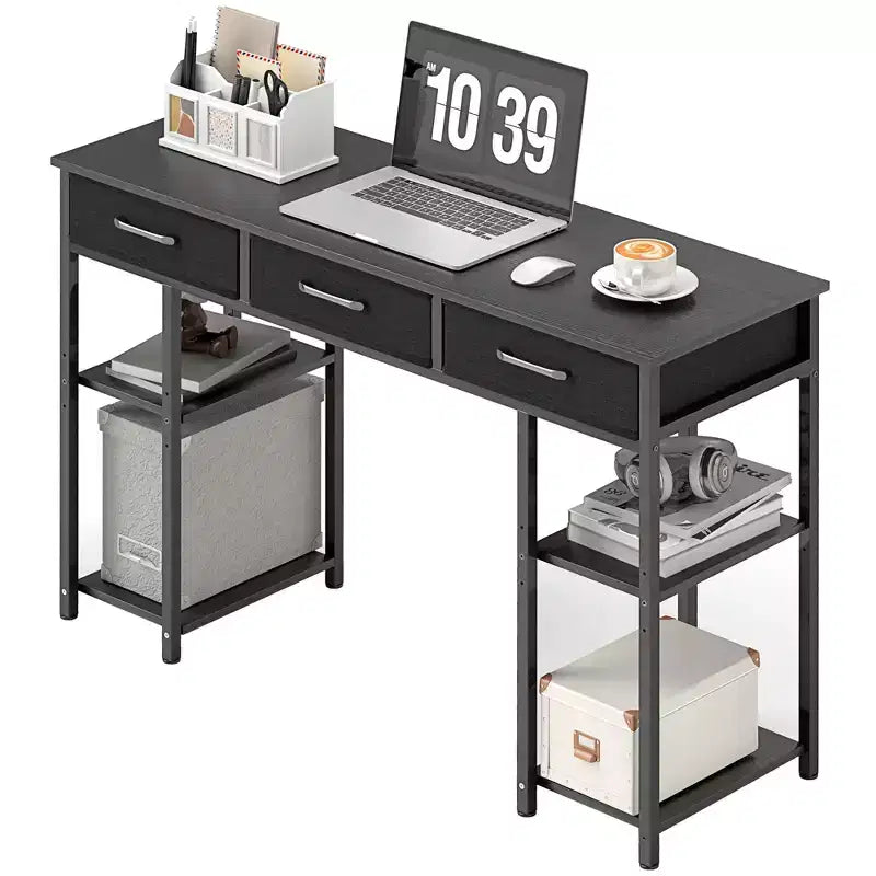 HOMCOM Scrivania Piccola 47, Scrivania per Computer con Cassetti in Tessuto, Scrivania da Ufficio con Scaffali Regolabili, Tavolo per Computer per Piccoli Spazi
