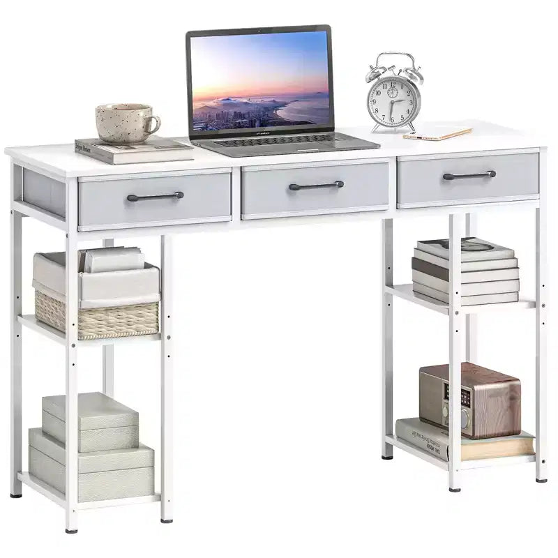 HOMCOM Scrivania Piccola 47, Scrivania per Computer con Cassetti in Tessuto, Scrivania da Ufficio con Scaffali Regolabili, Tavolo per Computer per Piccoli Spazi