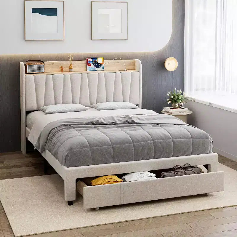 Struttura Letto Whizmax con 2 Cassetti Contenitore, Struttura Letto Imbottita con Testiera Contenitore, Base Materasso con Supporto a Doghe in Legno Massello