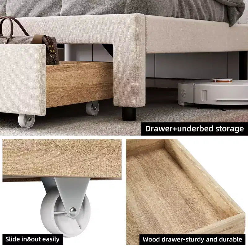 Struttura Letto Whizmax con 2 Cassetti Contenitore, Struttura Letto Imbottita con Testiera Contenitore, Base Materasso con Supporto a Doghe in Legno Massello
