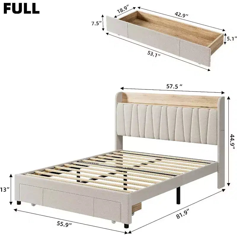 Struttura Letto Whizmax con 2 Cassetti Contenitore, Struttura Letto Imbottita con Testiera Contenitore, Base Materasso con Supporto a Doghe in Legno Massello