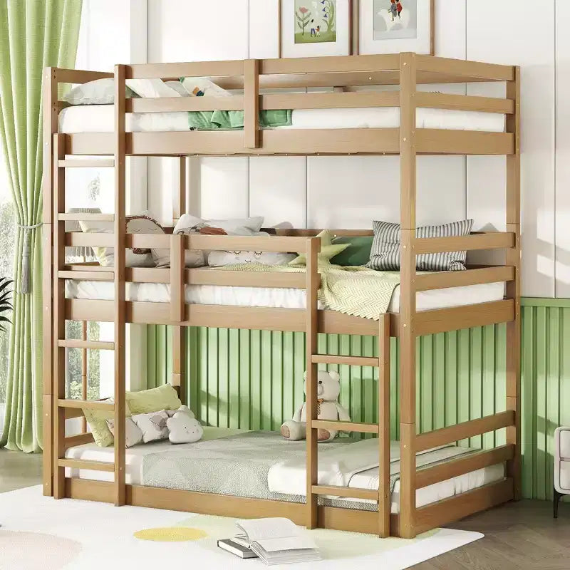 Letto a castello triplo e doppio Whisen in legno di gomma, smontabile, con due scale integrate e sponde di sicurezza