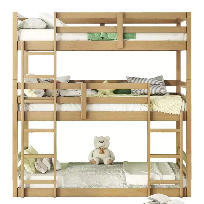 Letto a castello triplo e doppio Whisen in legno di gomma, smontabile, con due scale integrate e sponde di sicurezza