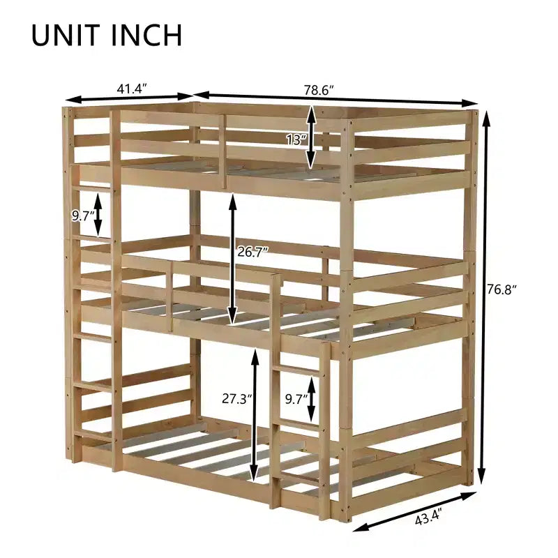 Letto a castello triplo e doppio Whisen in legno di gomma, smontabile, con due scale integrate e sponde di sicurezza
