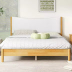 Letto matrimoniale Whisen in legno di gomma con testiera imbottita in Boucle - Naturale