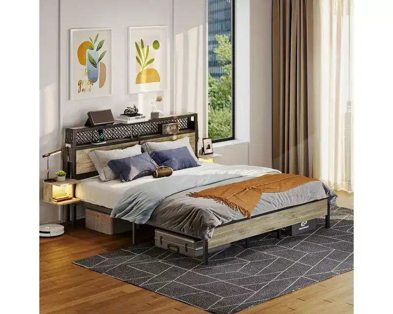 Struttura Letto Bestier con Testiera Contenitore, Letto a Piattaforma in Metallo con Presa di Corrente e Mensole Laterali, Rete a Doghe in Acciaio per Materasso