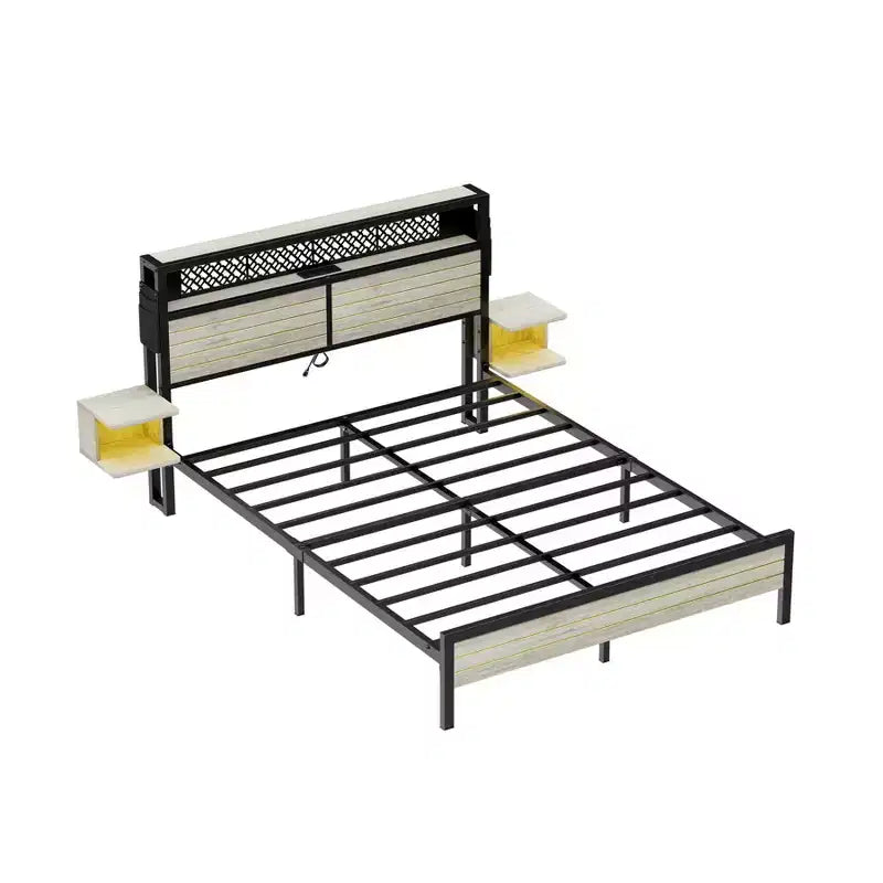 Struttura Letto Bestier con Testiera Contenitore, Letto a Piattaforma in Metallo con Presa di Corrente e Mensole Laterali, Rete a Doghe in Acciaio per Materasso