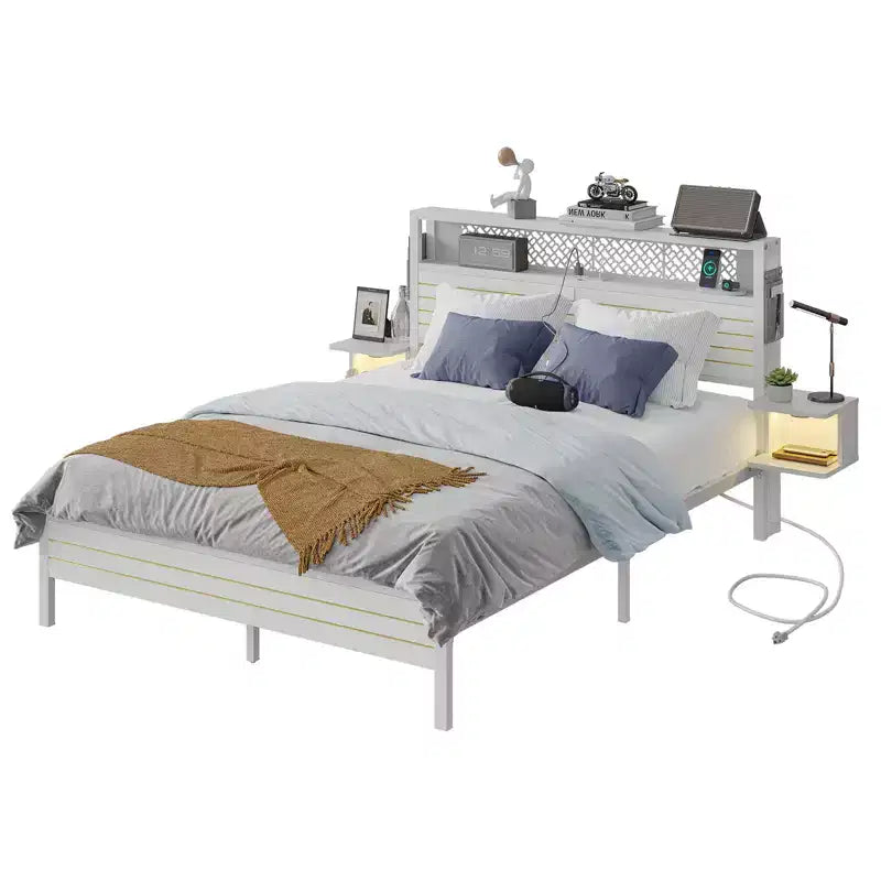 Struttura Letto Bestier con Testiera Contenitore, Letto a Piattaforma in Metallo con Presa di Corrente e Mensole Laterali, Rete a Doghe in Acciaio per Materasso
