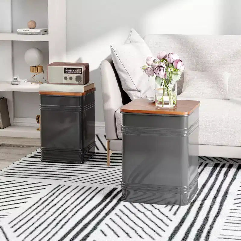 HOMCOM Pouf Contenitore Set da 2, Sgabello Ottomano Industriale Nido d'Ape con Coperchio Rimovibile e Struttura in Metallo, Tavolino per Soggiorno, Nero