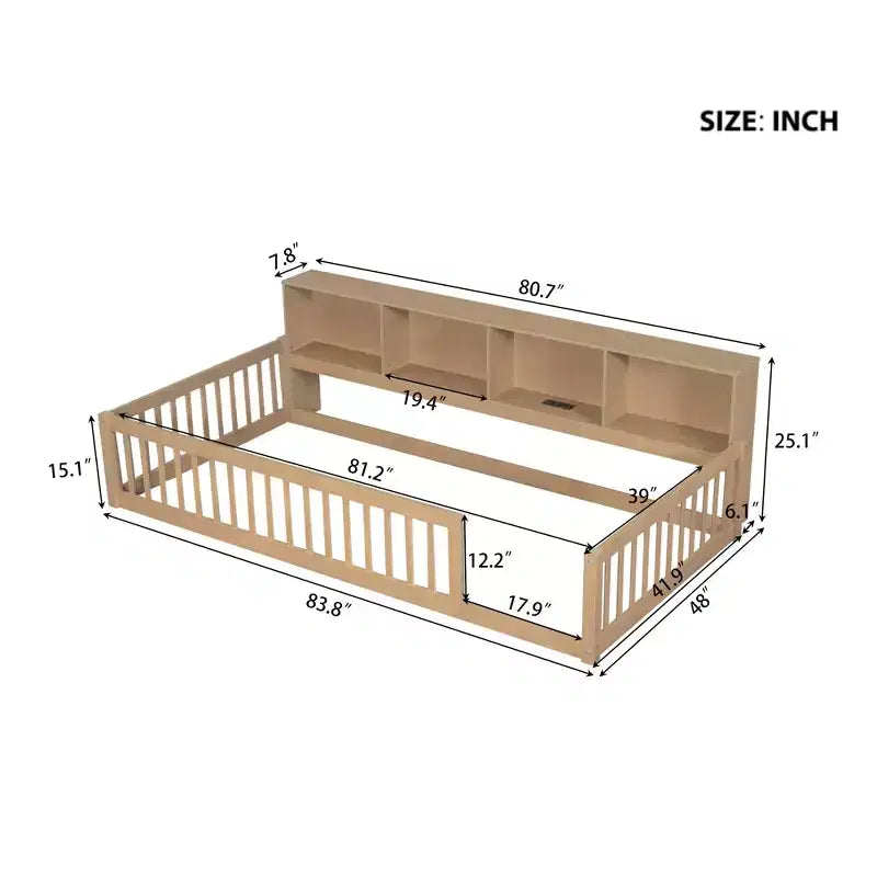 Letto Montessori Whisen Wood Twin XL con armadietti contenitori e porte USB