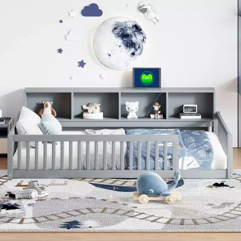 Letto Montessori Whisen Wood Twin XL con armadietti contenitori e porte USB