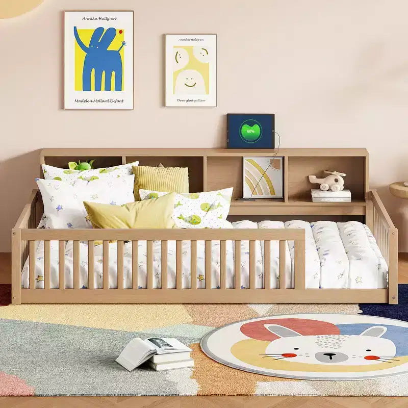 Letto Montessori Whisen Wood Twin XL con armadietti contenitori e porte USB