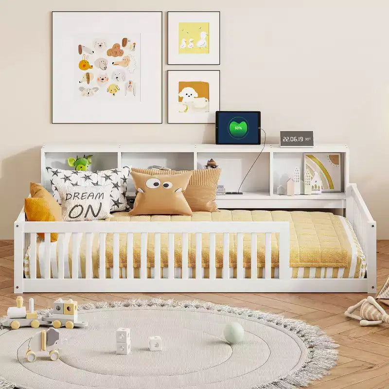 Letto Montessori Whisen Wood Twin XL con armadietti contenitori e porte USB