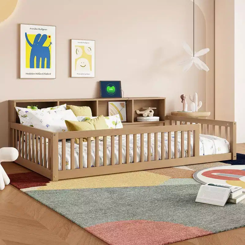 Letto Montessori Whisen Wood Twin XL con armadietti contenitori e porte USB