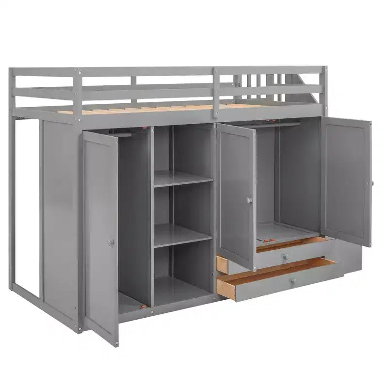 Letto a soppalco funzionale Whisen 93.3''L*42.4''W con 3 ripiani, armadi, cassetti, scala con contenitore